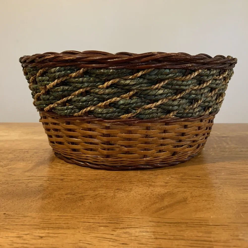 Unbranded Brown Wicker‎ Basket With Sage Colored Rope Like Detail